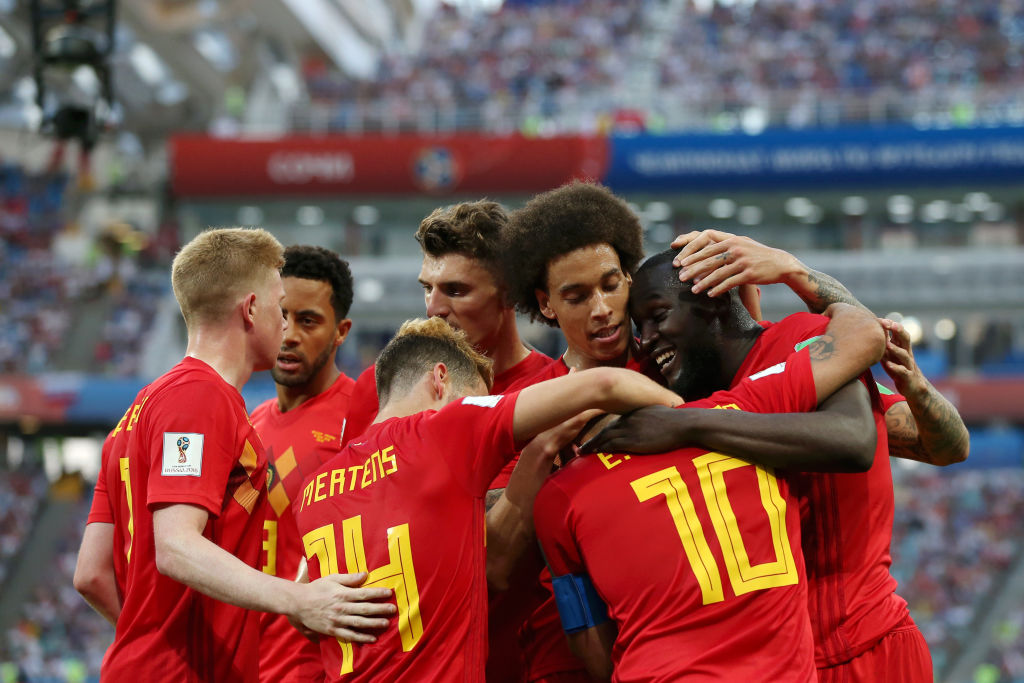 SOCHI, RUSSIA - JUNE 18: Romelu Lukaku of Belgium celebrates with teammates after scoring his team's third goal during the 2018 FIFA World Cup Russia group G match between Belgium and Panama at Fisht Stadium on June 18, 2018 in Sochi, Russia. (Photo by Francois Nel/Getty Images) formazioni belgio-tunisia